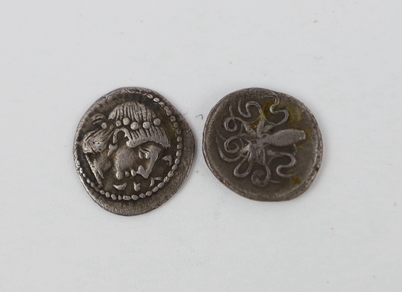 Sicily, Syracuse, two AR Litra, Second Democracy, 466-460 BC. Head of Arethusa right, rev. Octopus (2)